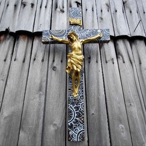 Vintage large gold white black metal wooden crucifix cross 1 of 1 religious art